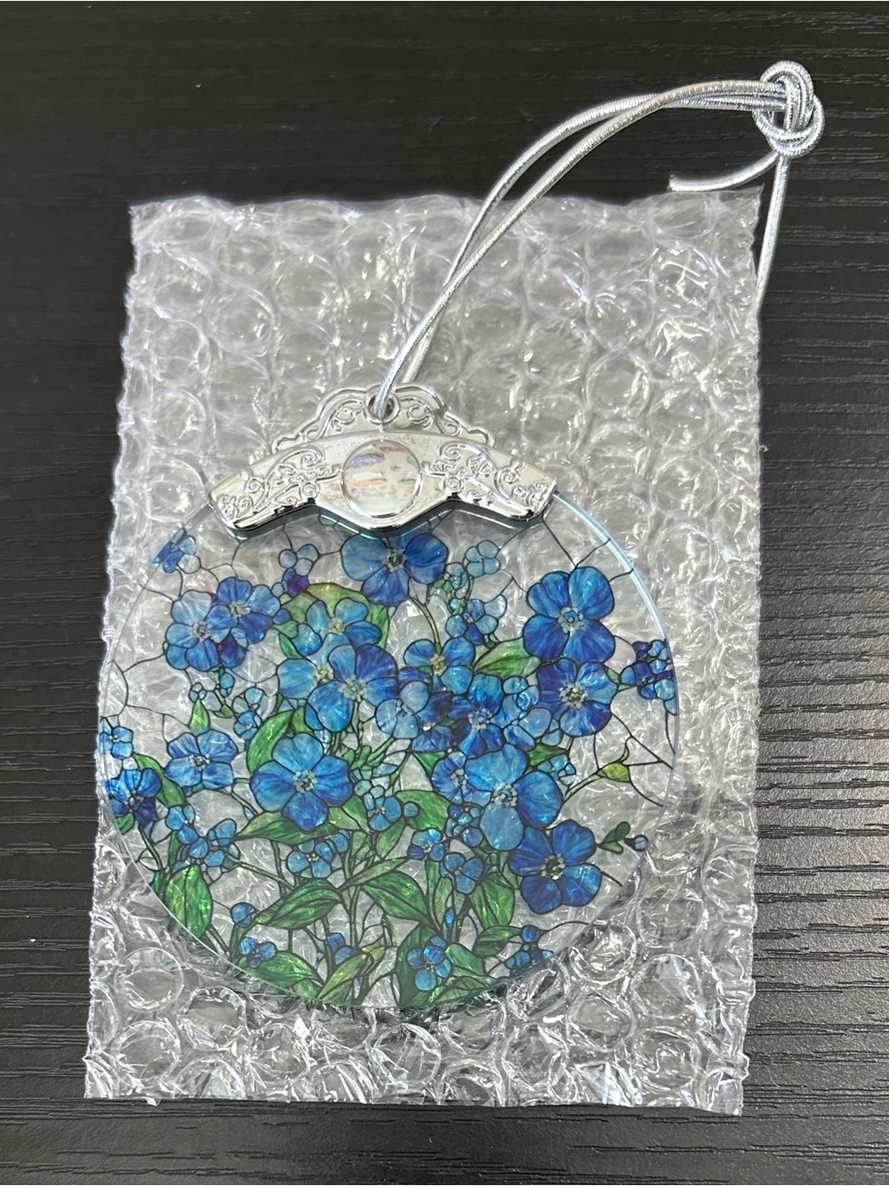Hand-Painted Blue Floral Glass Suncatcher Ornament with Silver Cord